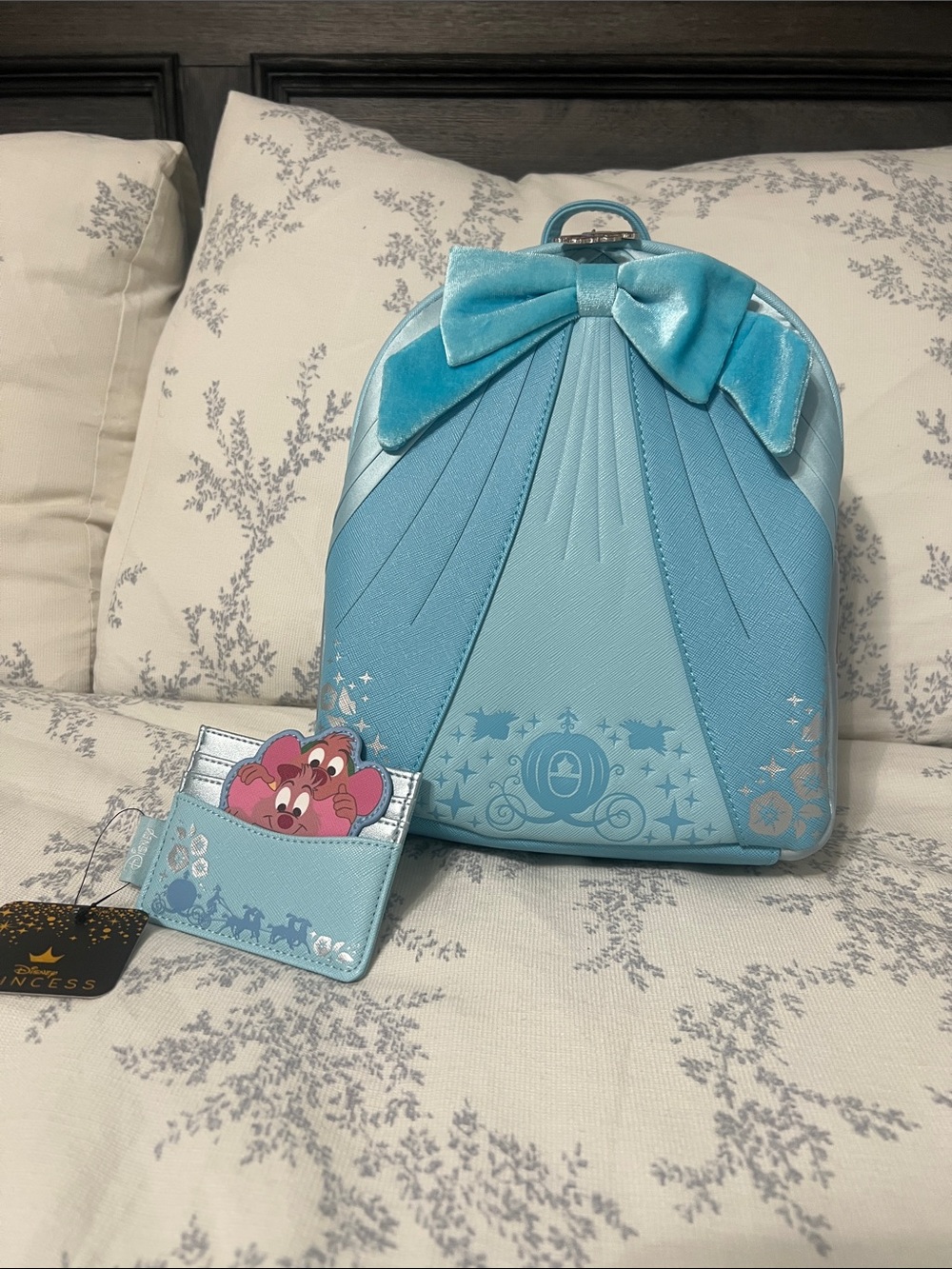 Disney Light Blue Velvet Bow Kids Mini Backpack with Matching Cardholder